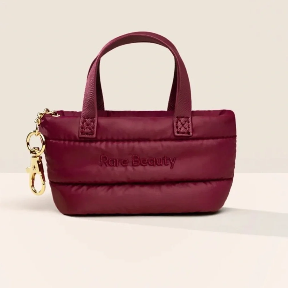 Rare Beauty💄Red Puffer Tote Bag Mini Accessory Carrier & Keychain NEW